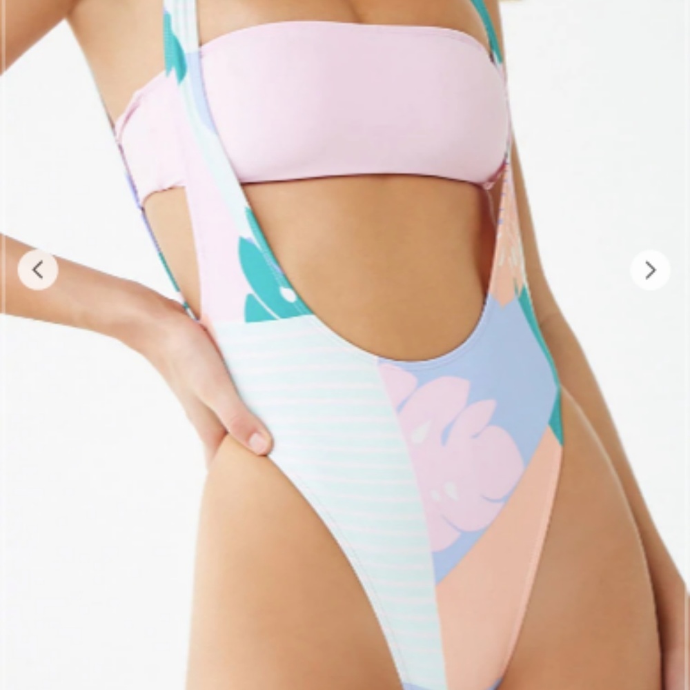 Bandeau & Leaf Print One-Piece Swimsuit Set